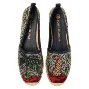 T-13. Tory Burch Embroidered Espadrille Cheetah Needlepoint Perfect Navy US 9.5